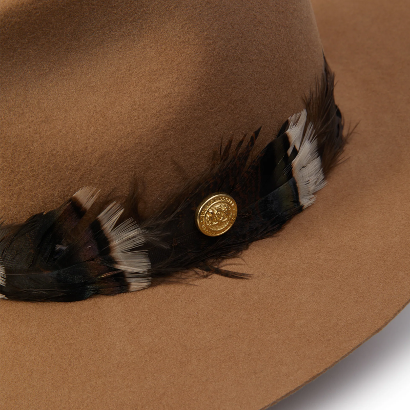 Holland Cooper Iridescent Feather Band Trilby Hat - Camel-5